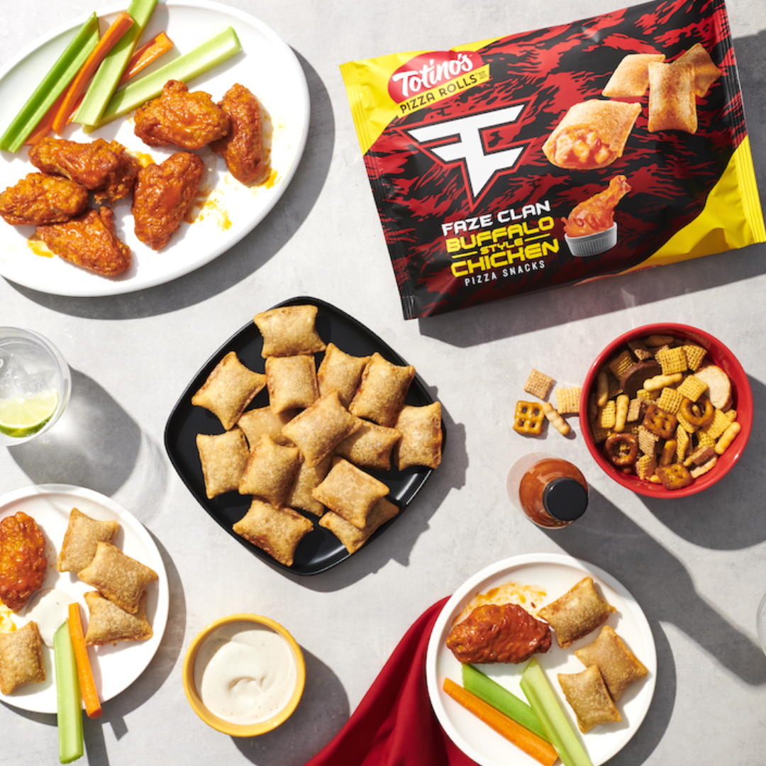 Tablescape of Totinos x FaZe Clan Buffalo Chicken pizza rolls